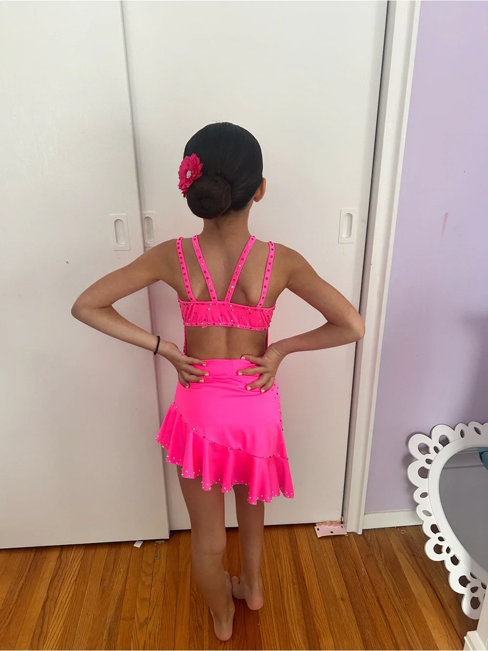 Girls' Neon Pink Dance Costume with Rhinestone Embellishments